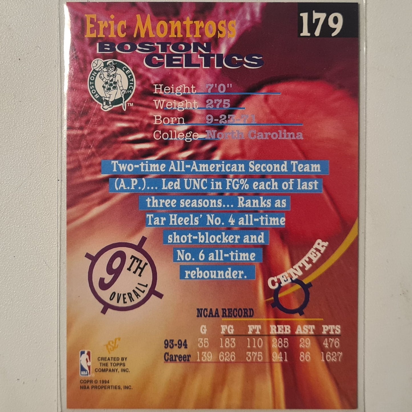 Eric Montross 1994 Topps stadium club draft pick 94 rookie RC #179 NBA Basketball Boston Celtics excellent