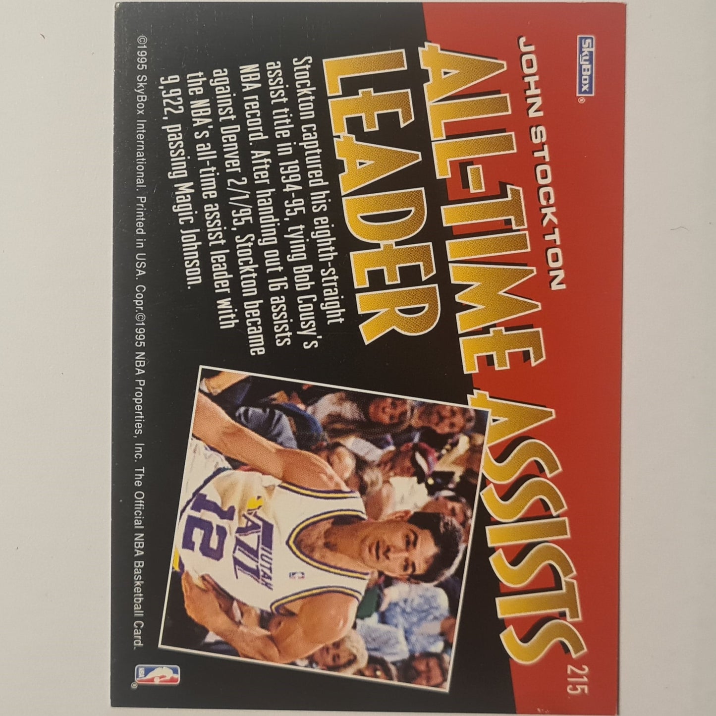 John Stockton 1995 Skybox NBA Hoops all time leader #215 NBA Basketball Utah Jazz excellent