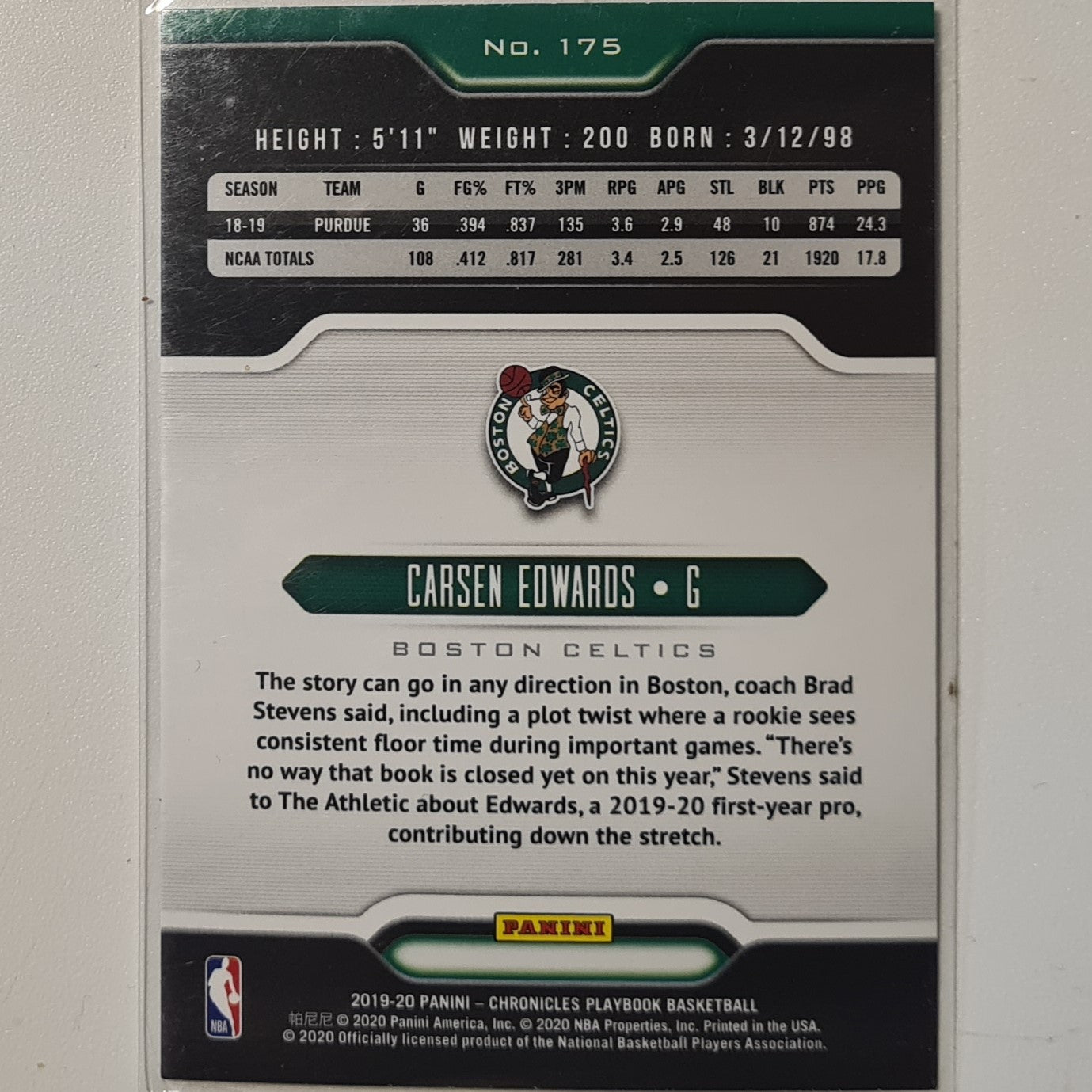 Carsen Edwards 2019-20 Panini Chronicles playbook Rookie RC #175 NBA Basketball Boston Celtics excellent sleeved