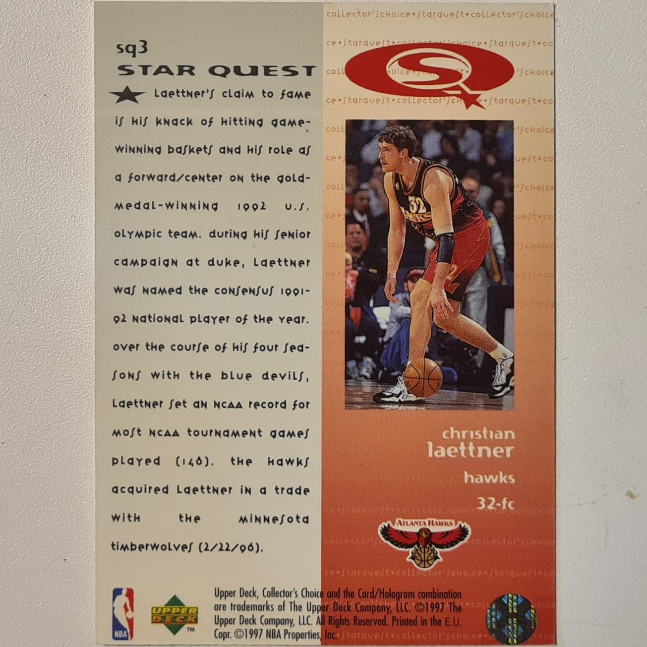 Christian Laettner 1997 Upper-Deck Star Quest SQ3 NBA Basketball Atlanta Hawks very good  Sleeved