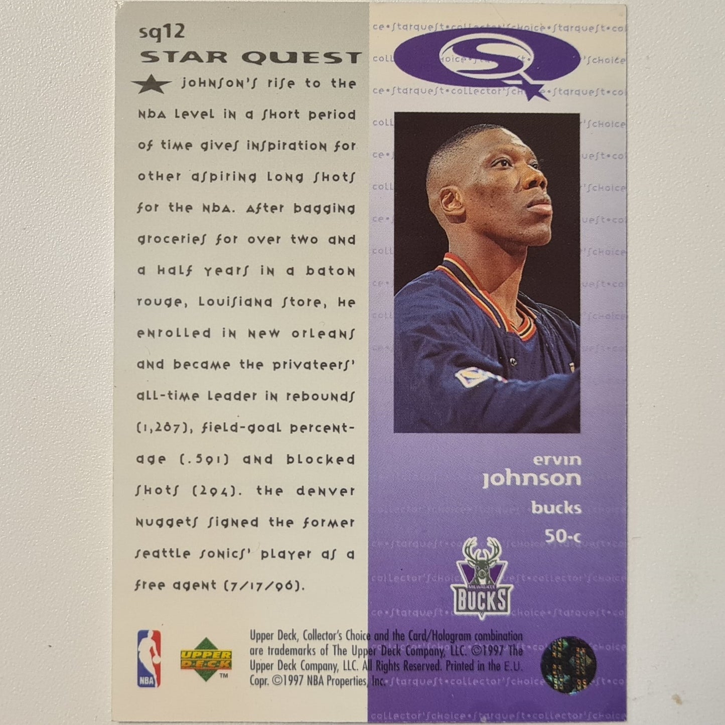 Ervin Johnson 1997 Upper-Deck Star Quest SQ12 NBA Basketball Milwaukee Bucks Excellent Sleeved