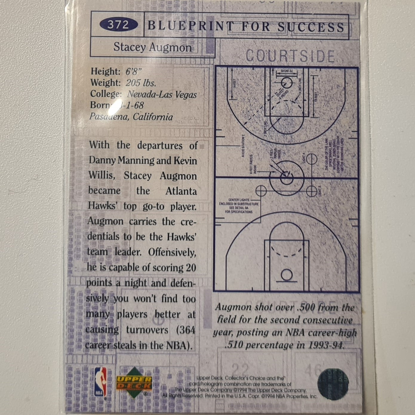 Stacey Augmon 1994 Upper-Deck Blueprint gold auto print #372 NBA Basketball Atlanta Hawks Excellent sleeved