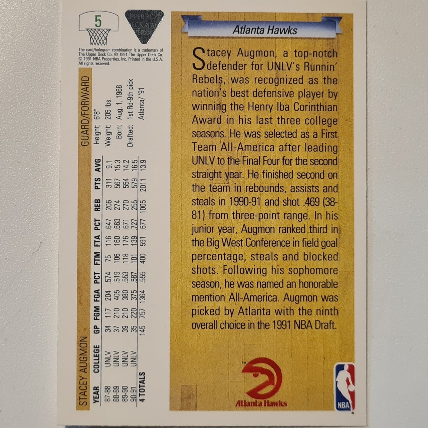 Stacey Augmon 1991 Upper-Deck Draft Rookie RC  #5 NBA Basketball Atlanta Hawks Excellent + sleeved