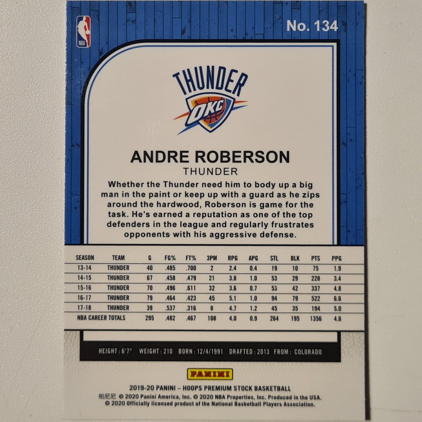 Andre Robertson 2019-20 Panini NBA Hoops premium stock #134 NBA Basketball Oklahoma City Thunder excellent/mint