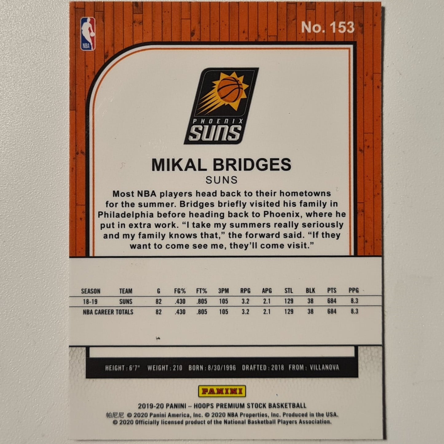 Mikal Bridges 2019-20 Panini NBA Hoops premium stock #153 NBA Basketball Phoenix Suns excellent/mint