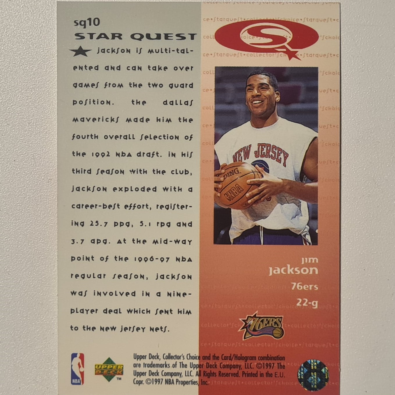 Jim Jackson 1997 Upper-Deck Star Quest SQ10 NBA Basketball Philadelphia 76ers  Excellent Sleeved
