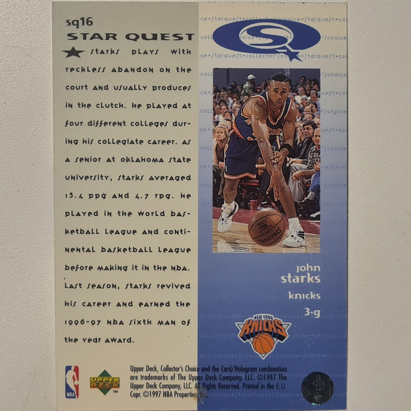 John Starks 1997 Upper-Deck Star Quest SQ16 NBA Basketball New York Knicks  Excellent Sleeved