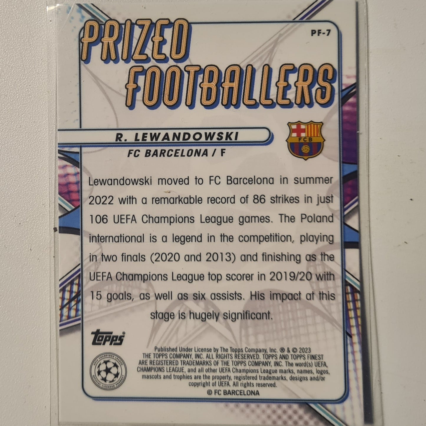 Robert Lewandowski 2023 Topps Finest Champions League prized footballers refractor BF-7 football Barcelona mint sleeved