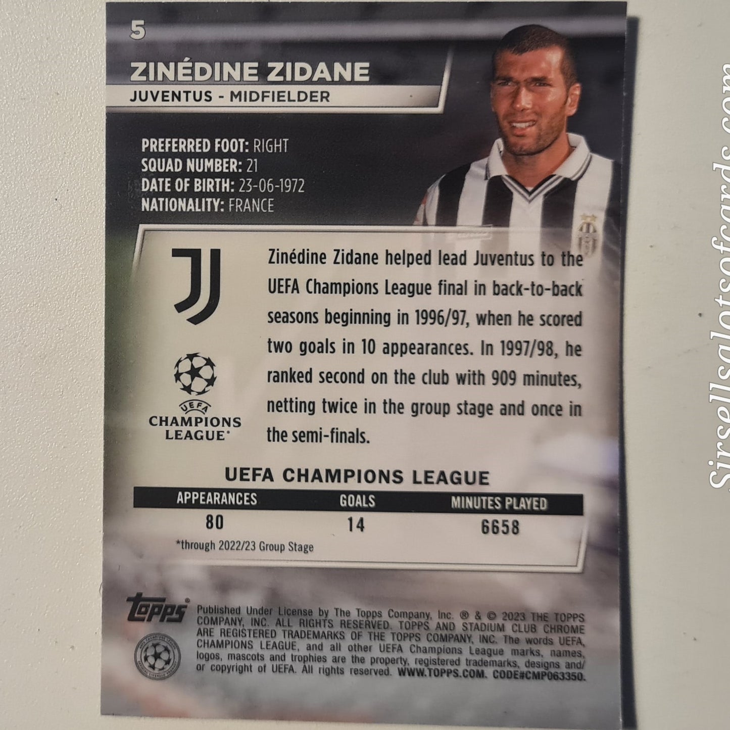 Zinedine Zidane 2022-23 Topps Stadium Club champions league #5 football Juventus Excellent sleeved