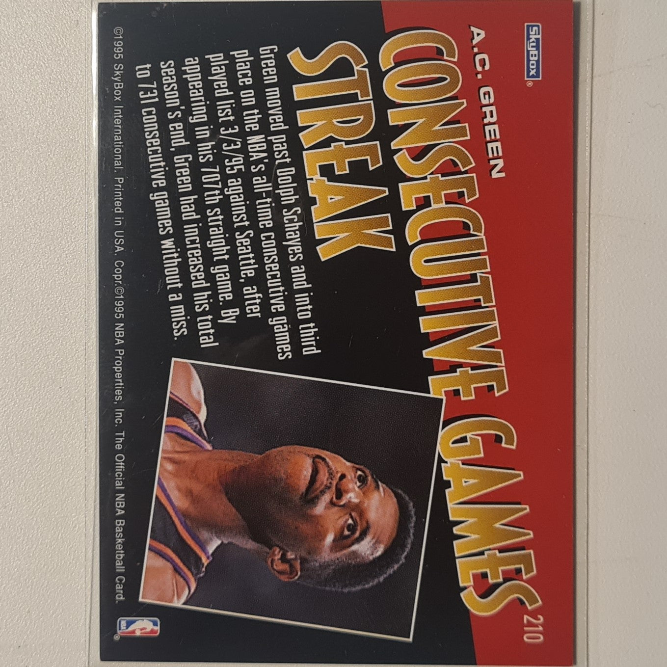 AC Green 1995 Skybox NBA Hoops Milestone insert #210 NBA Basketball Phoenix Suns Excellent Sleeved