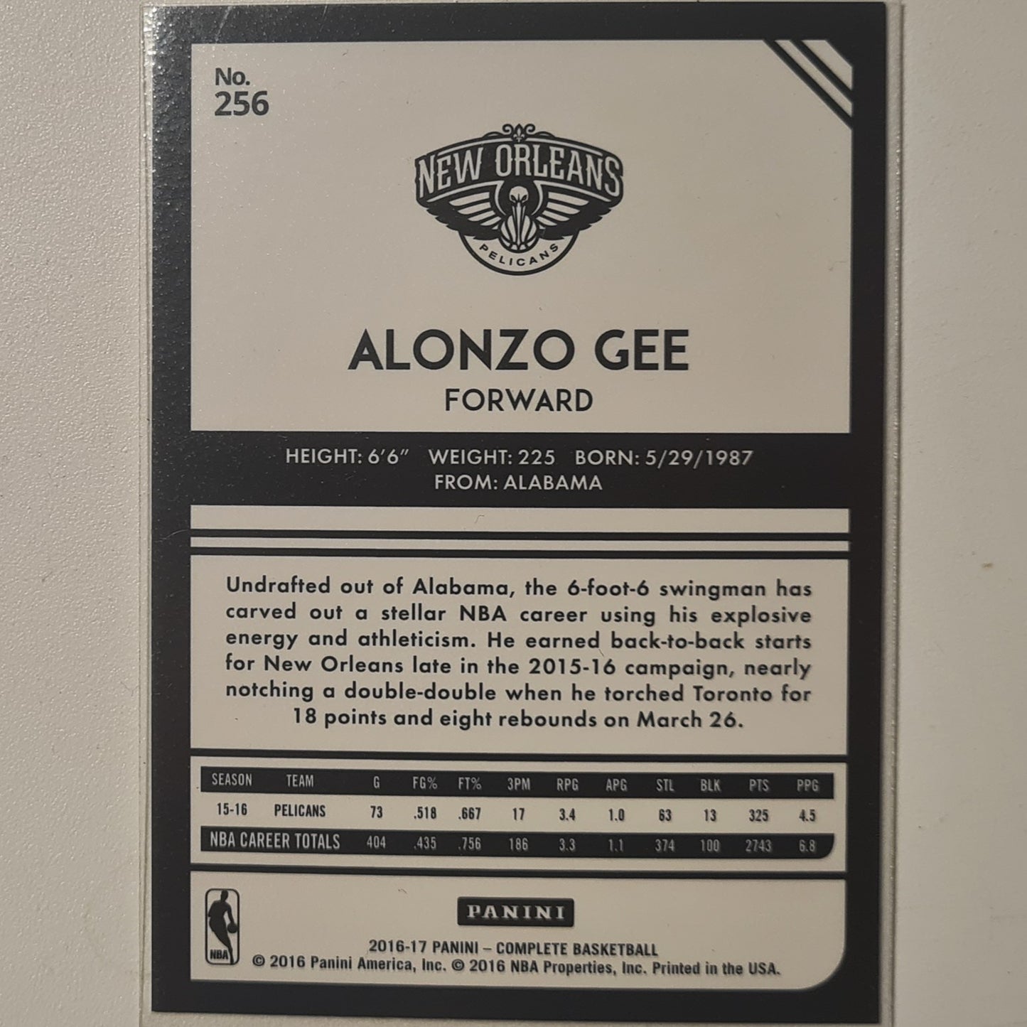 Alonzo Gee 2016-17 Panini Complete #256 NBA Basketball New Orleans Pelicans Excellent Sleeved