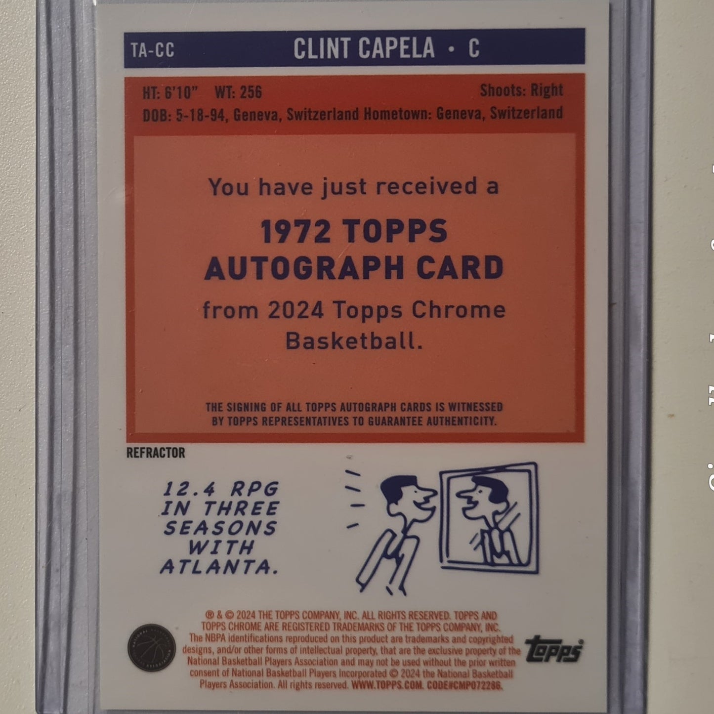 Clint Capela 2024 Topps Chrome refractor autograph auto TA-CC NBA Basketball Atlanta Hawks mint Sleeved