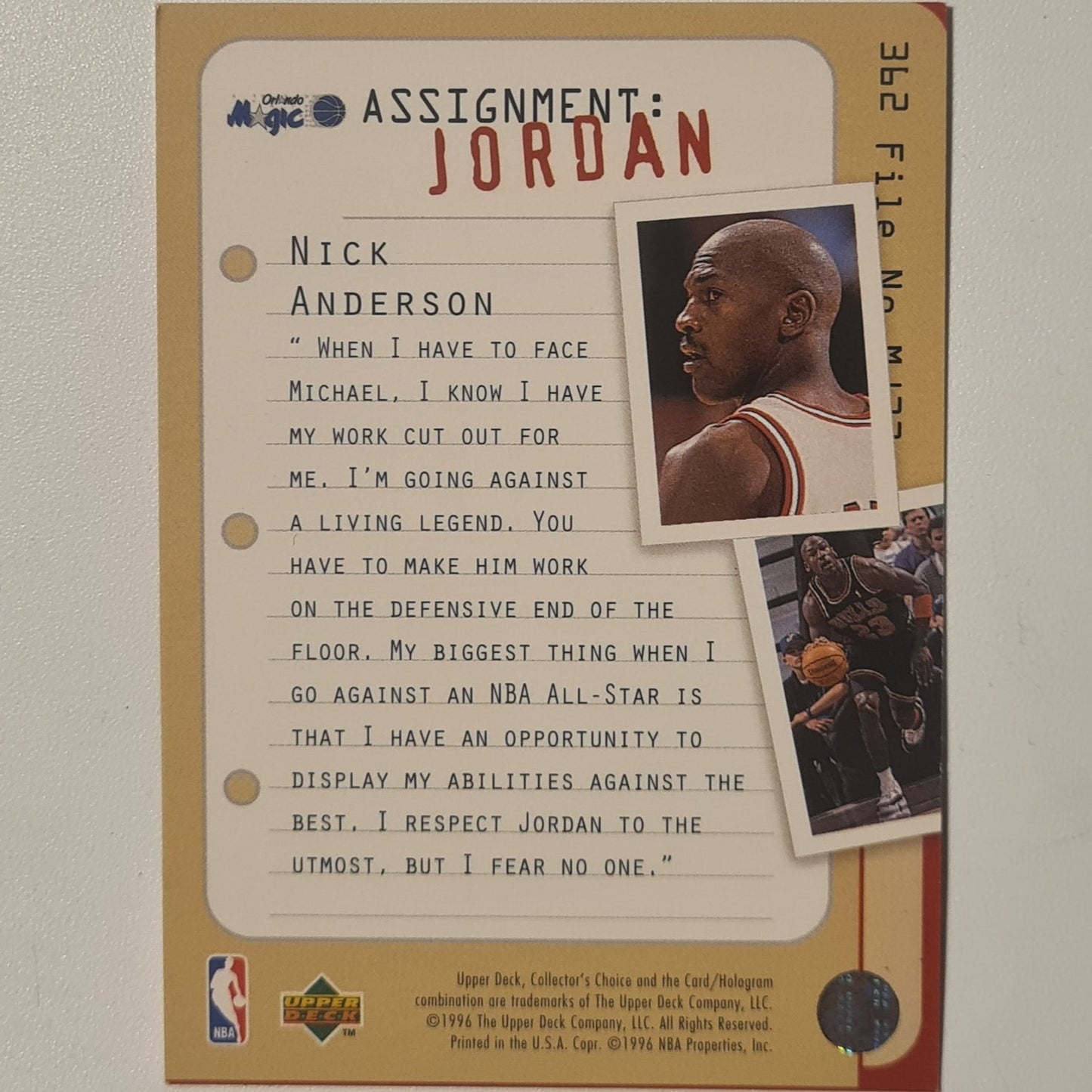 Michael Jordan 1997 Upper-Deck Assignment Jordan nick Anderson #362 Chicago Bulls good Sleeved