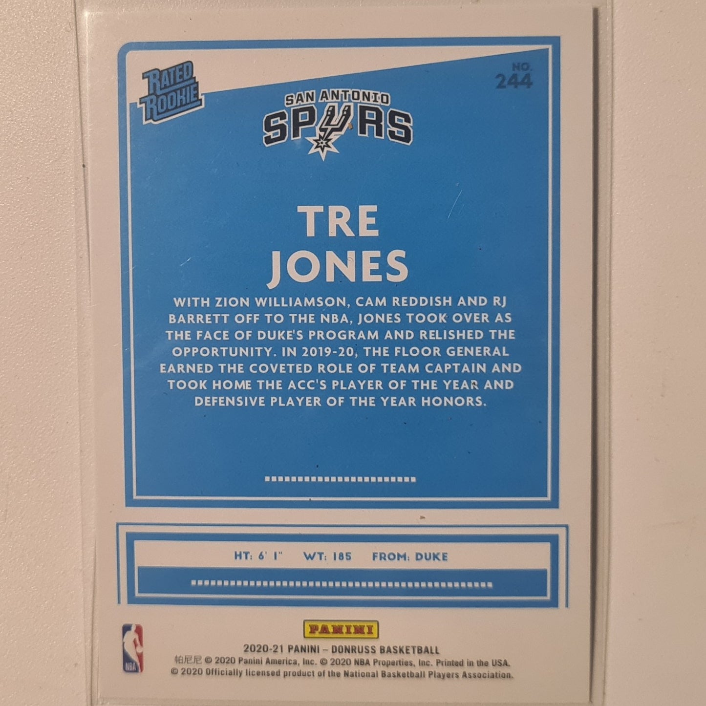 Tre Jones 2020-21 Panini Donruss rated rookie RC #244 NBA Basketball San Antonio Spurs Excellent/mint Sleeved