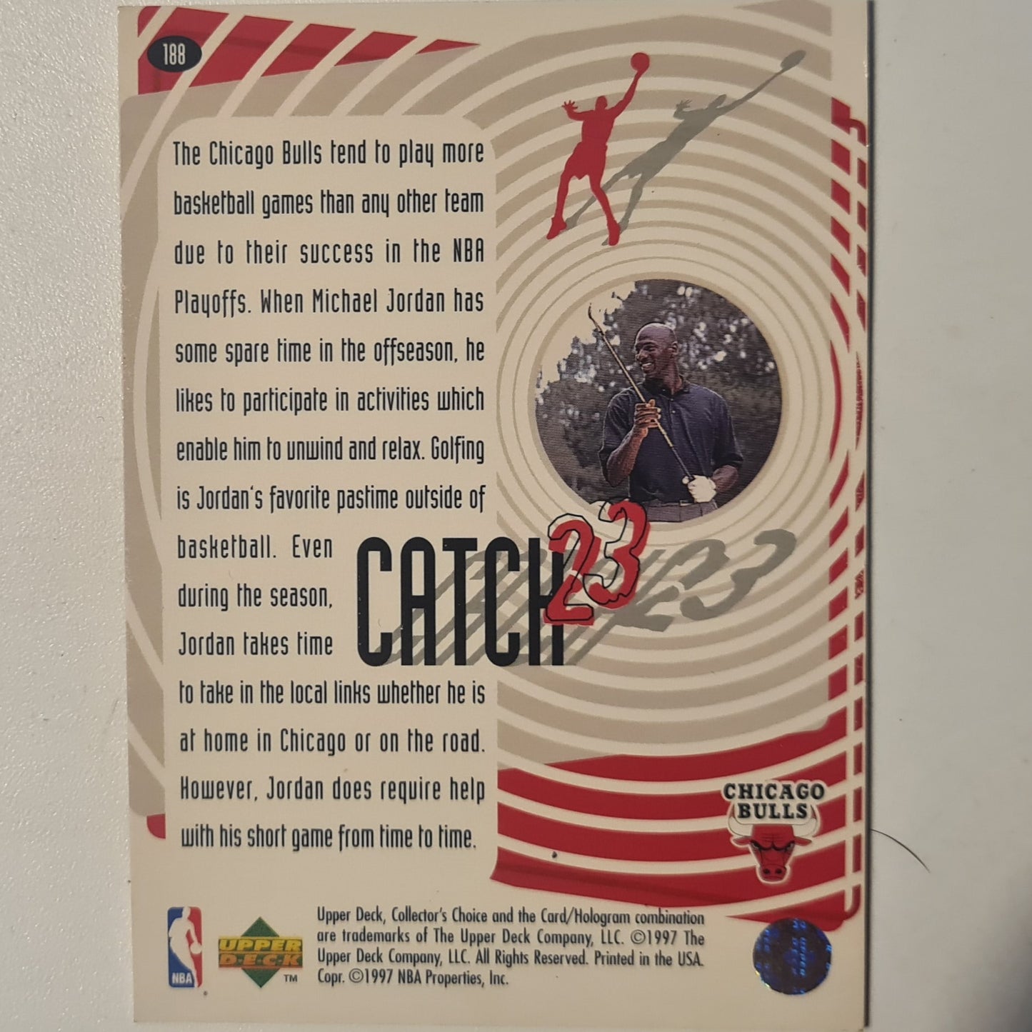 Michael Jordan 1997 Upper-Deck catch 23 favorite pastimes #188 Chicago Bulls good Sleeved
