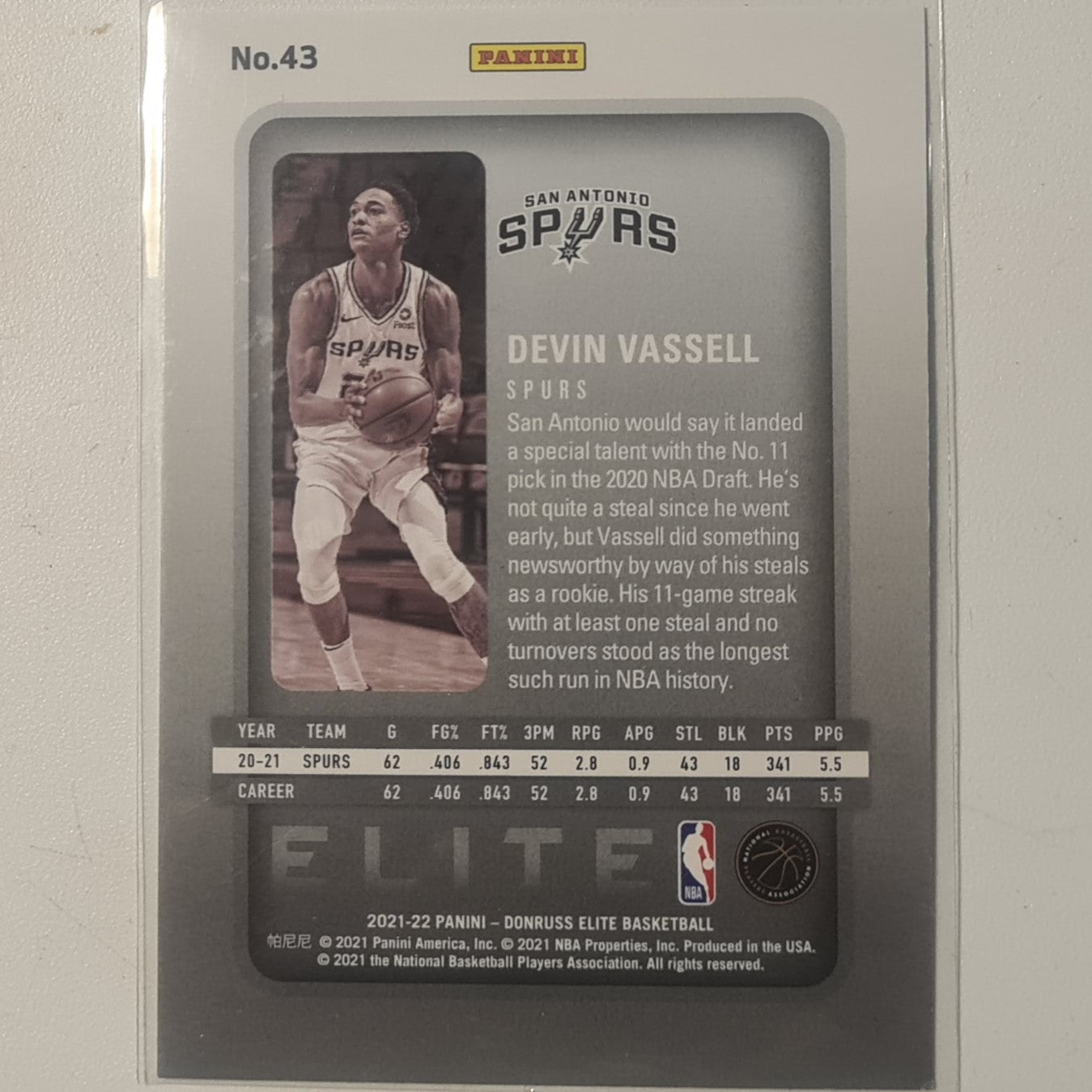 Devin Vassell 2017-18 Panini Elite  #43 NBA Basketball San Antonio Spurs Excellent sleeved