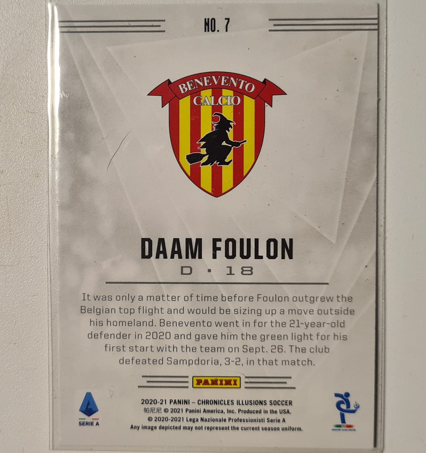 Daam Foulon 2020-21  panini chronicles illusions Serie A Rookie RC #7 Football Benevento Calcio Excellent sleeved