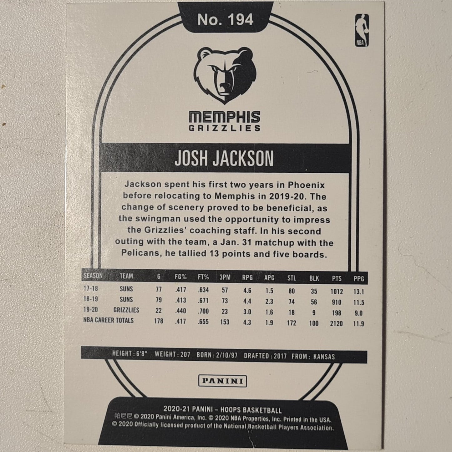 Josh Jackson 2020-21 Panini NBA Hoops #194 NBA Basketball Memphis Grizzlies excellent mint