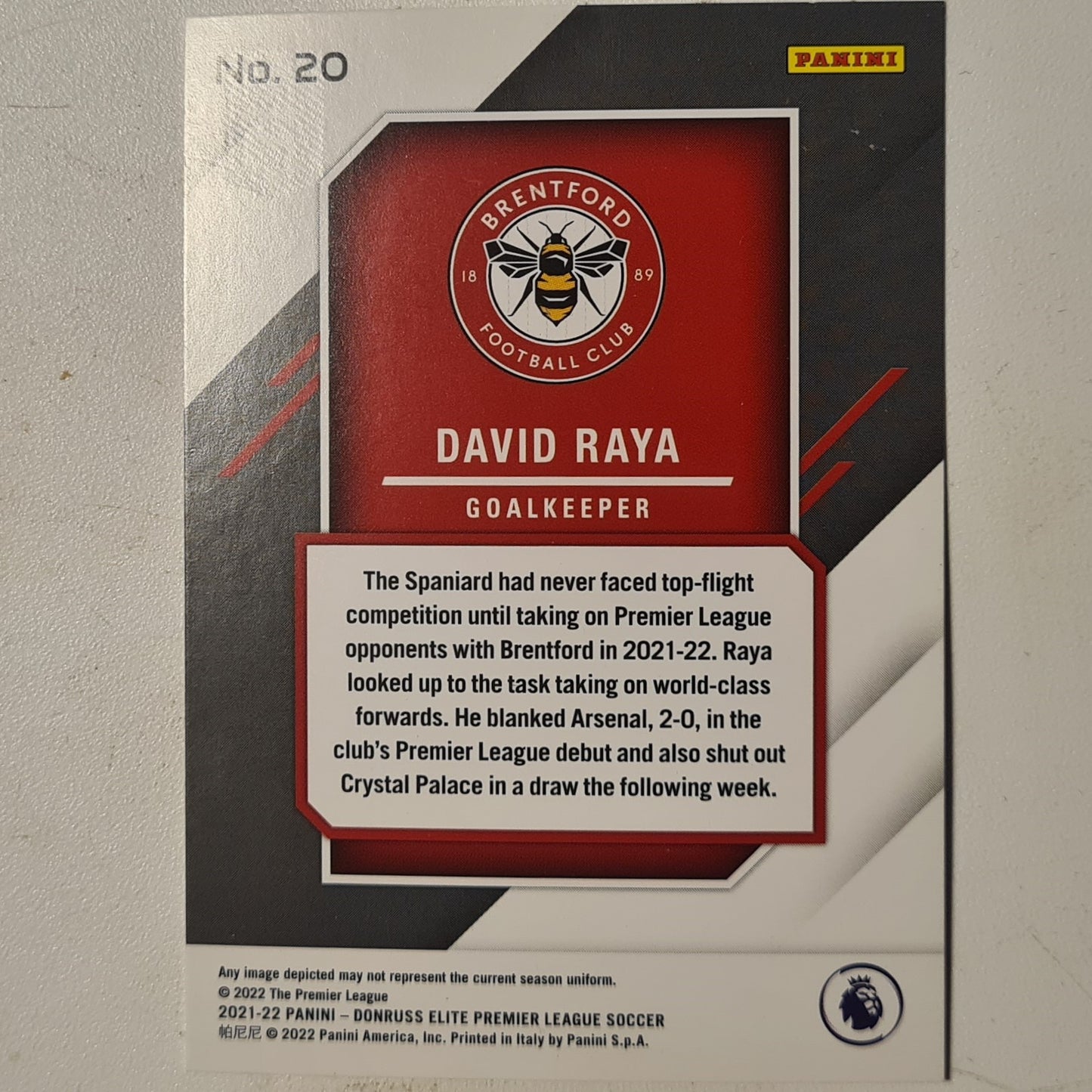 David Raya 2021-22 Panini Elite Premier league soccer Rookie RC #20 Football Brentford Excellent/mint sleeved
