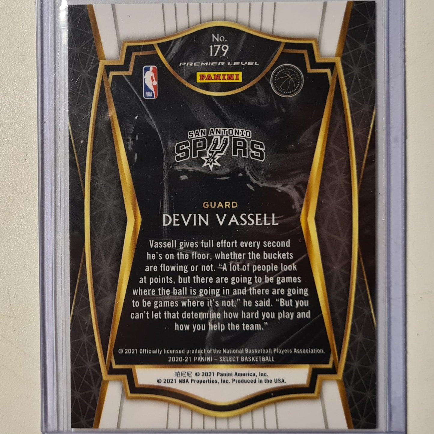 Devin Vassell 2020-21 Panini Select Rookie RC #179 NBA Basketball San Antonio Spurs ex-mint sleeved