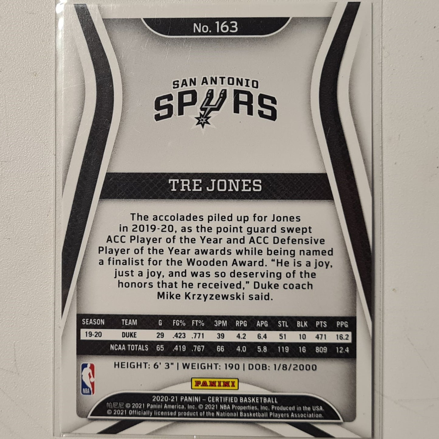 Tre Jones 2020-21 Panini Certified Rookie RC #163 NBA Basketball San Antonio Spurs ex-mint sleeved