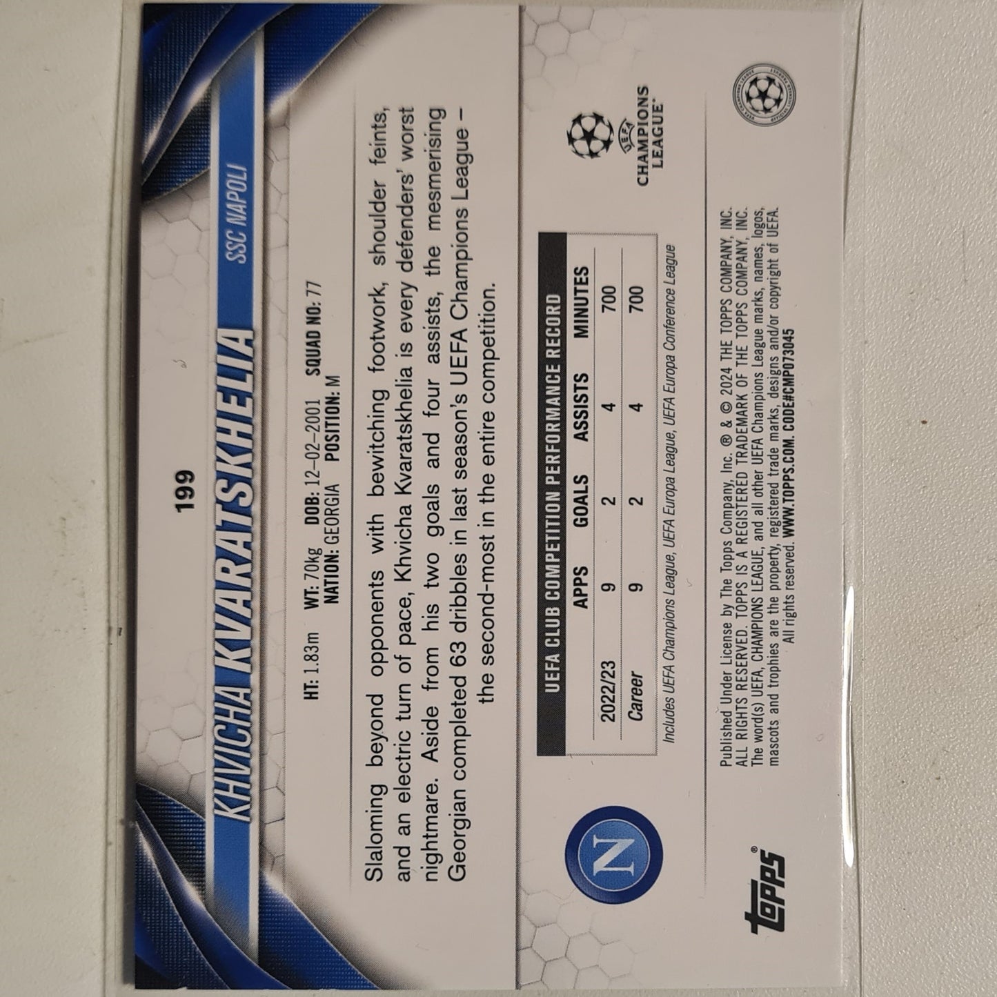 KHVICHA KVARATSKHELIA 2024 Topps champions league shimmer #199 Football Napoli excellent sleeved