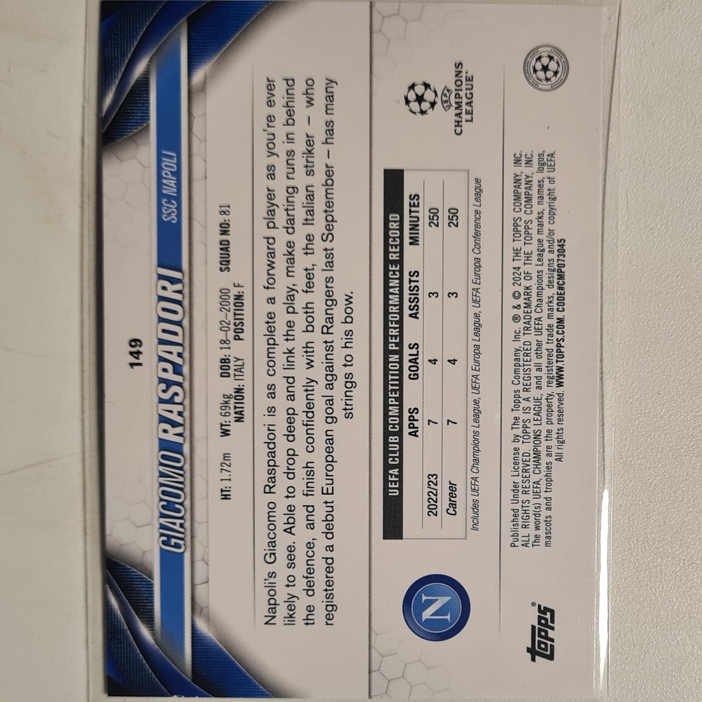 Giacomo Raspadori 2024 Topps champions league shimmer #149 Football Napoli excellent sleeved