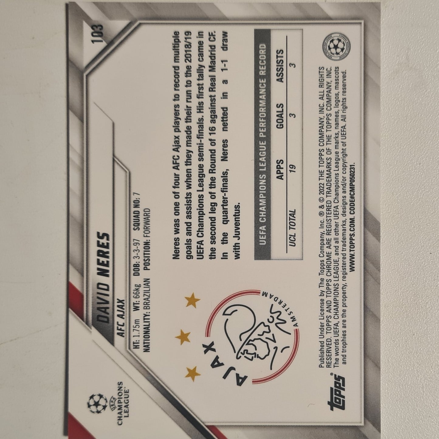 David Neres  2022 Topps Champions League #103 Soccer Football Ajax excellent mint Sleeved