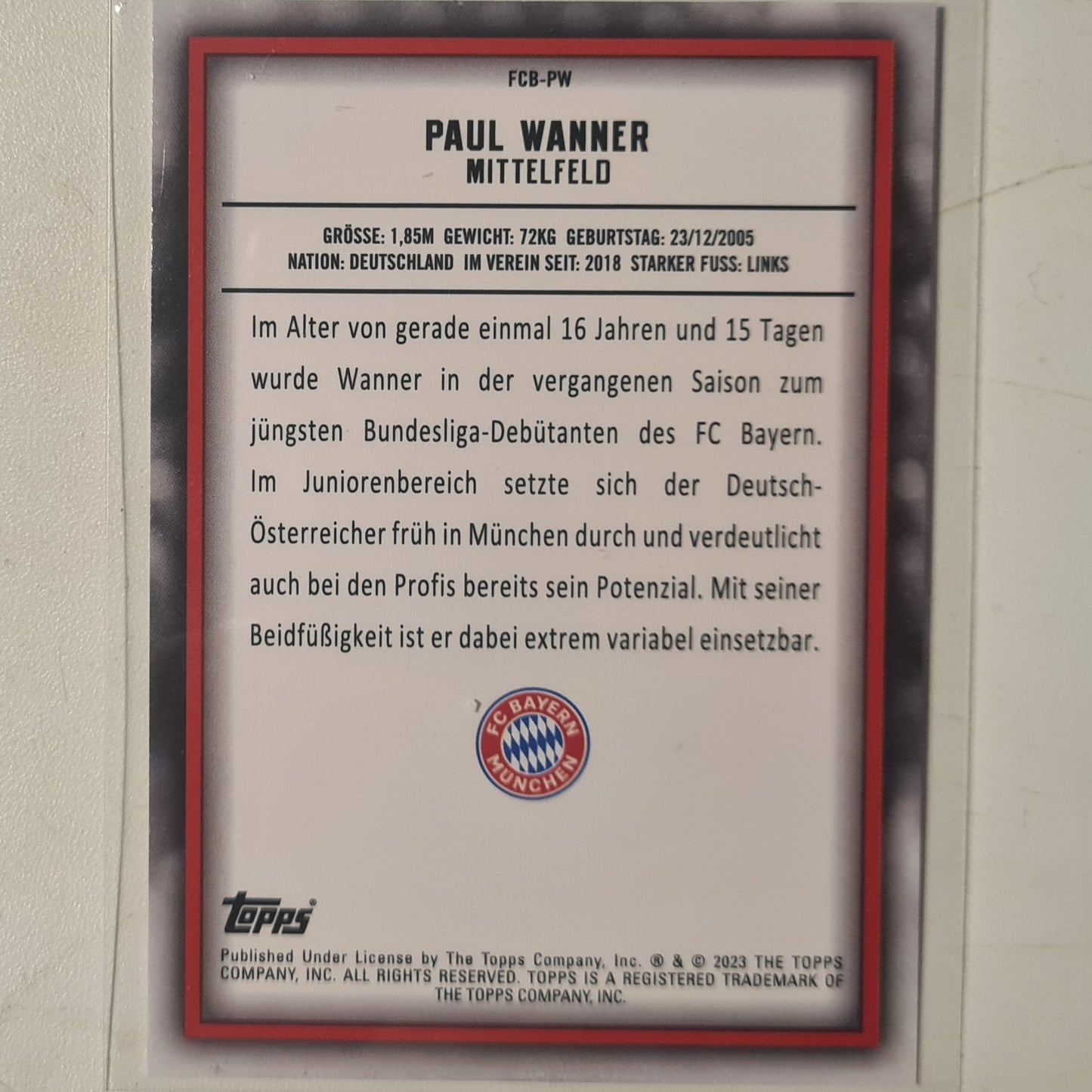 Paul Wanner 2023 Topps Bundesliga ( German issue) FCB-PW Soccer Football Bayern Munich mint Sleeved