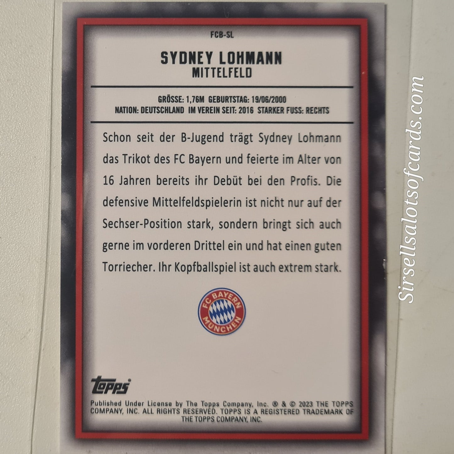 Sydney Lohmann 2023 Topps Bundesliga ( German issue) FCB-SL Soccer Football Bayern Munich mint Sleeved