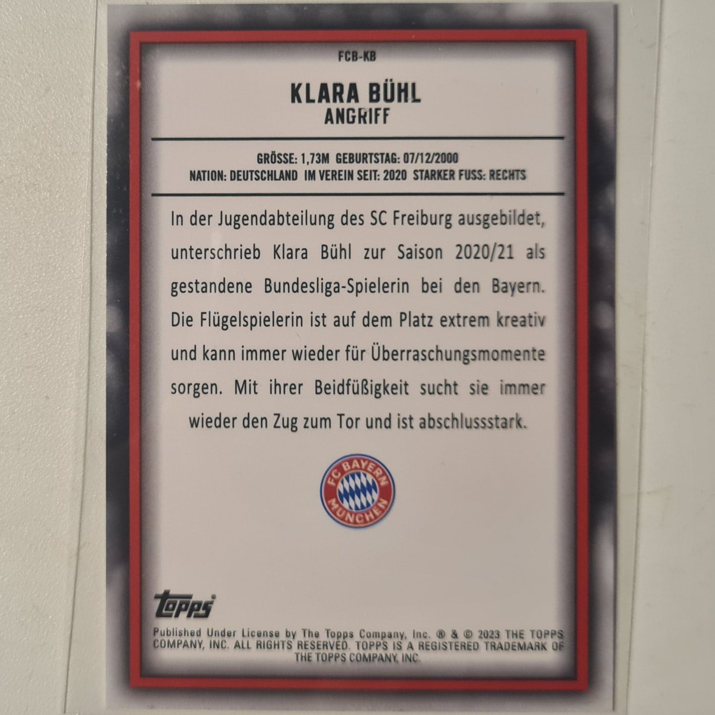 Klara Buhl 2023 Topps Bundesliga ( German issue) FCB-KB Soccer Football Bayern Munich mint Sleeved