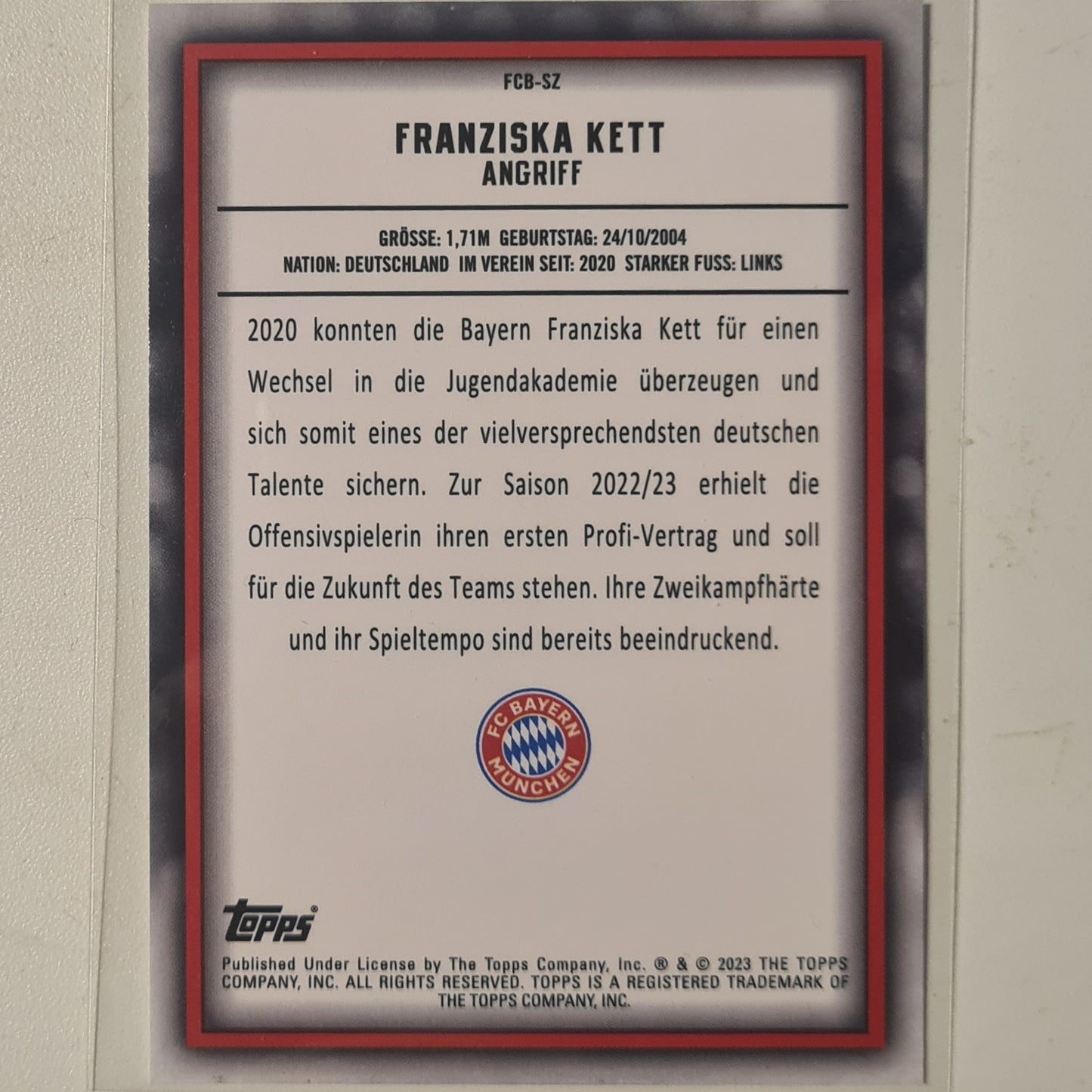 Franziska Kett 2023 Topps Bundesliga ( German issue) FCB-SZ Soccer Football Bayern Munich mint Sleeved