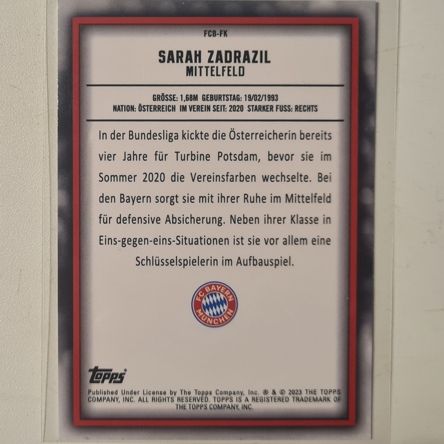 Sarah Zadrazil 2023 Topps Bundesliga ( German issue) FCB-FK Soccer Football Bayern Munich mint Sleeved