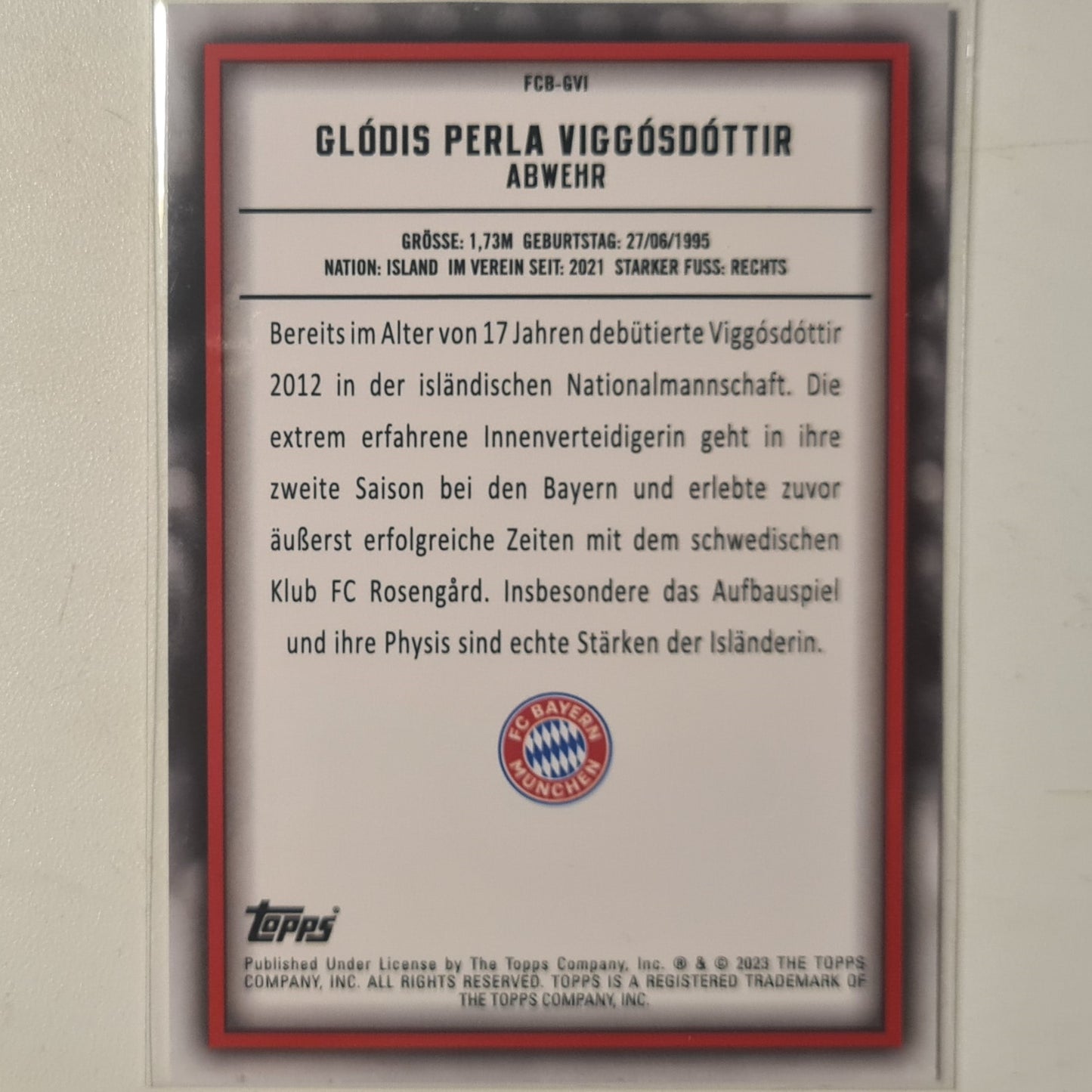 gLODIS pERLA vIGGOSDOTTIR 2023 Topps Bundesliga ( German issue) FCB-GVI Soccer Football Bayern Munich mint Sleeved