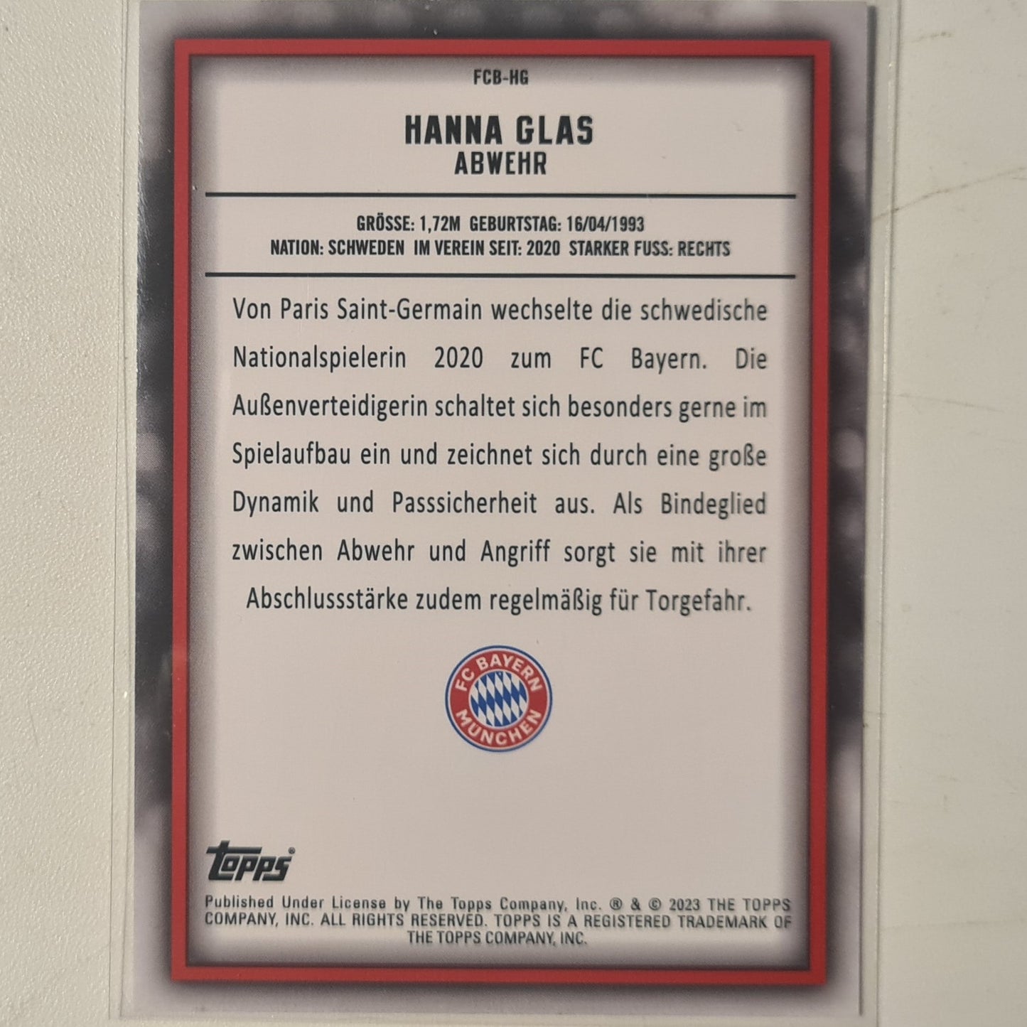 Hanna Glas 2023 Topps Bundesliga ( German issue) Rookie RC FCB-HG Soccer Football Bayern Munich mint Sleeved