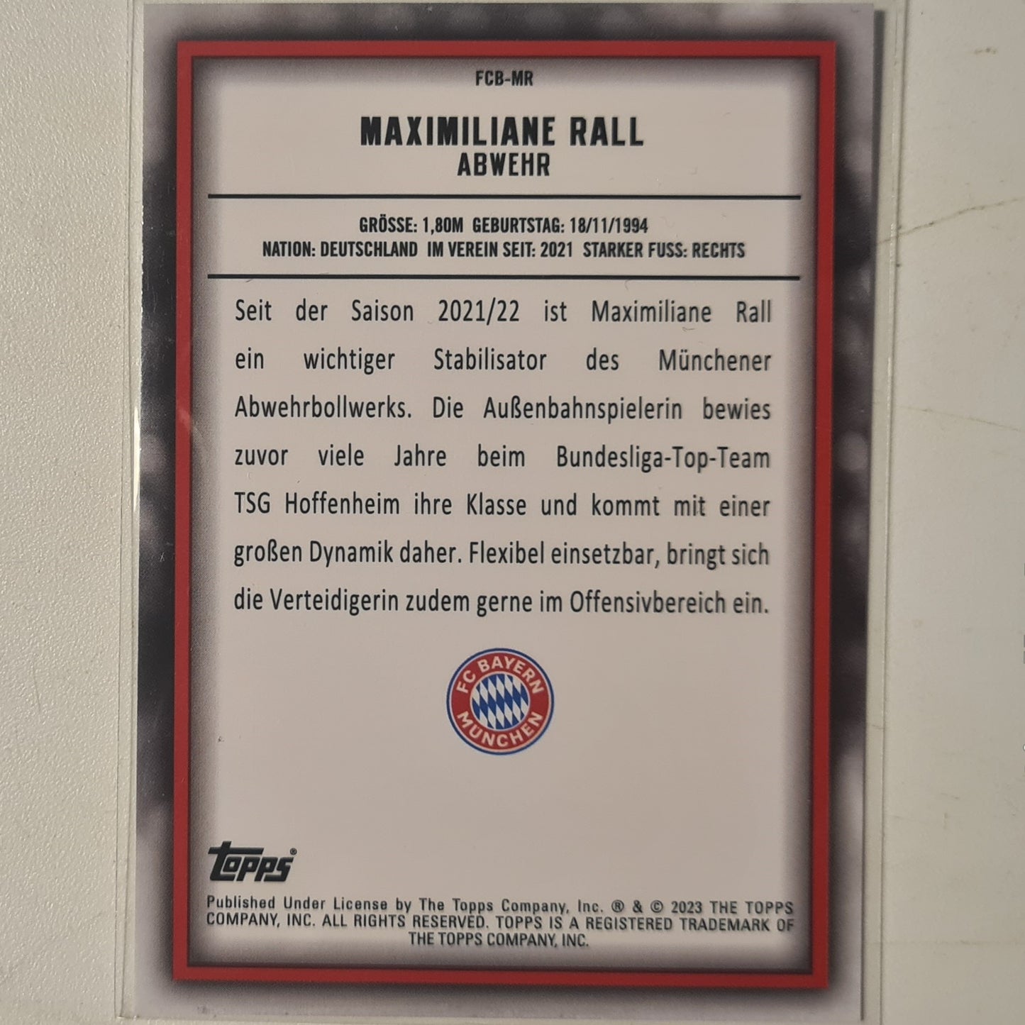 Maximiliane Rall 2023 Topps Bundesliga ( German issue) Rookie RC FCB-MR Soccer Football Bayern Munich mint Sleeved