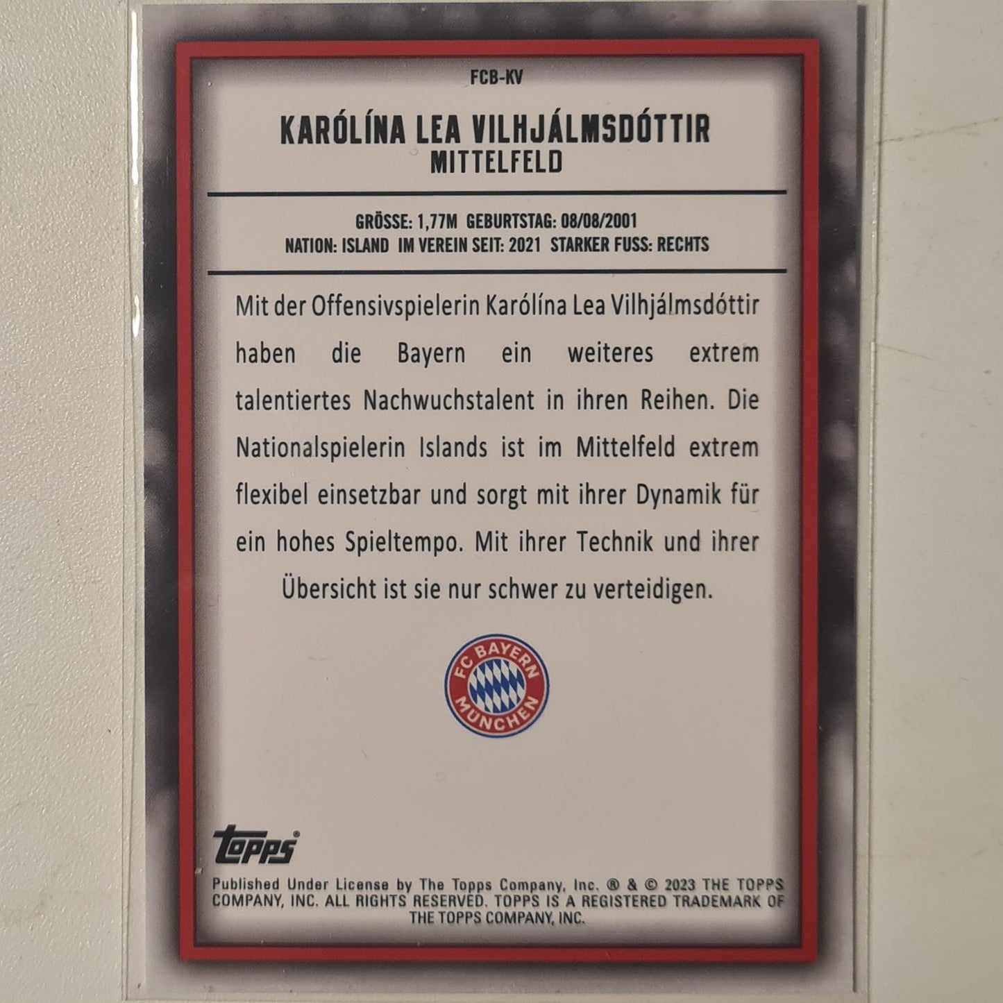 Karolina Lea Vilhjalmsdottir 2023 Topps Bundesliga ( German issue) FCB-KV Soccer Football Bayern Munich mint Sleeved
