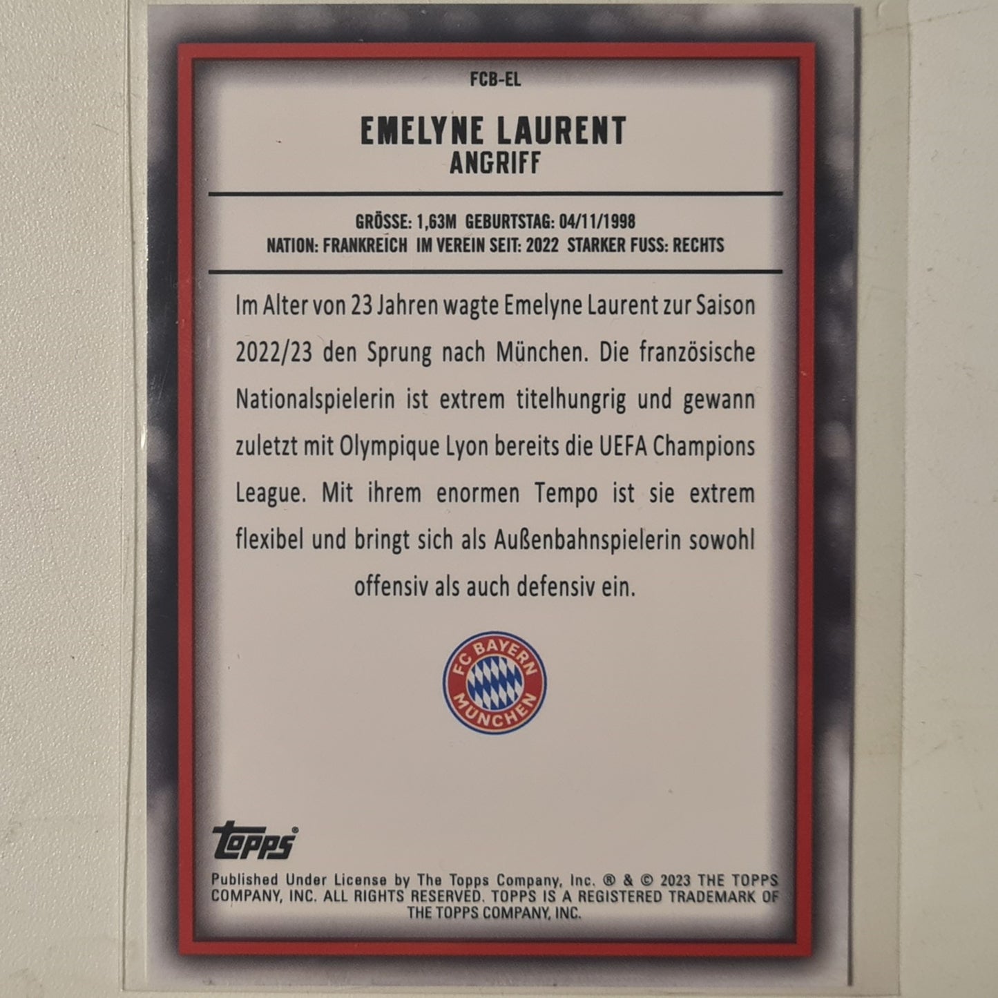 Emelyne Laurent 2023 Topps Bundesliga ( German issue) Rookie RC FCB-EL Soccer Football Bayern Munich mint Sleeved