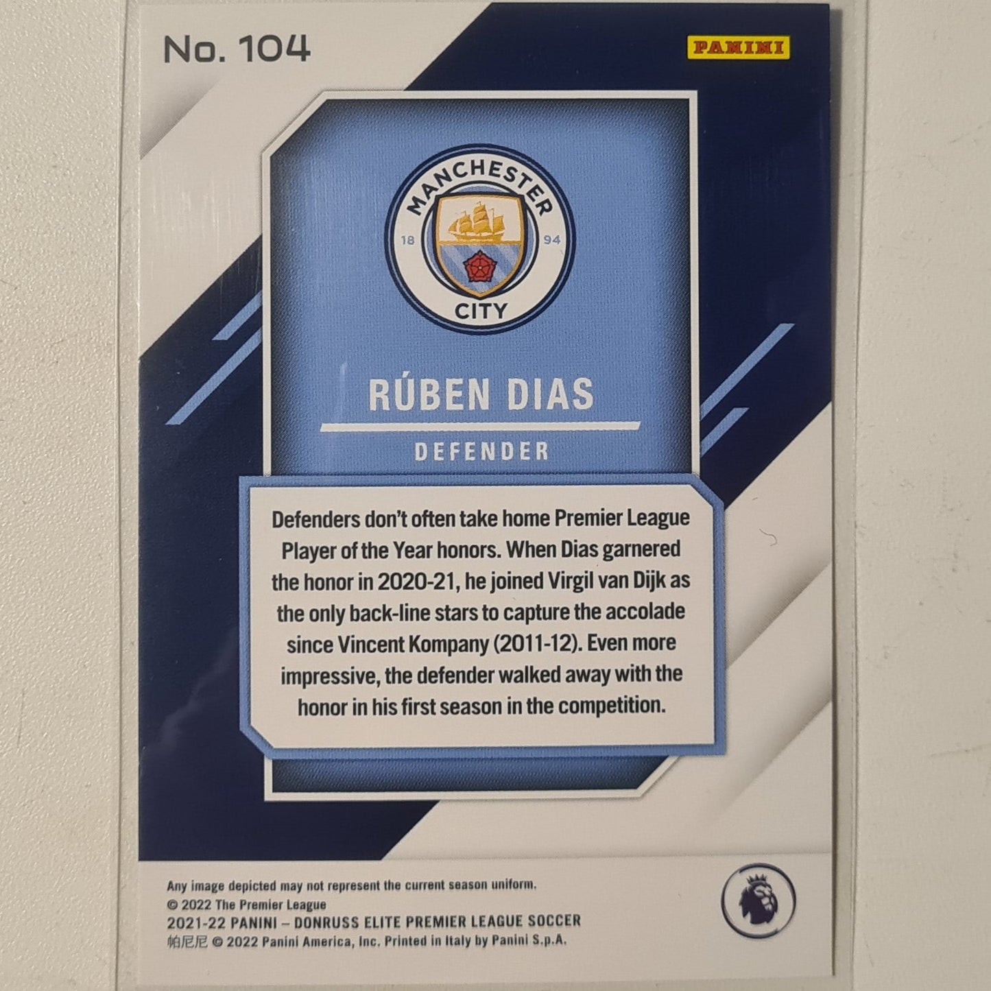 Ruben Dias 2021-22 Panini Donruss Elite Premier League Fireworks #104 Soccer Football Manchester City excellent/mint Sleeved