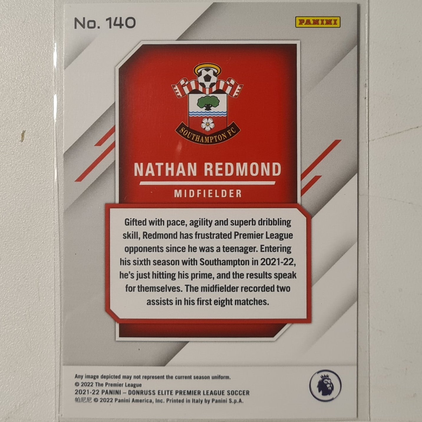 Nathan Redmond 2021-22 Panini Donruss Elite Premier League Fireworks #140 Soccer Football Southampton excellent/mint Sleeved