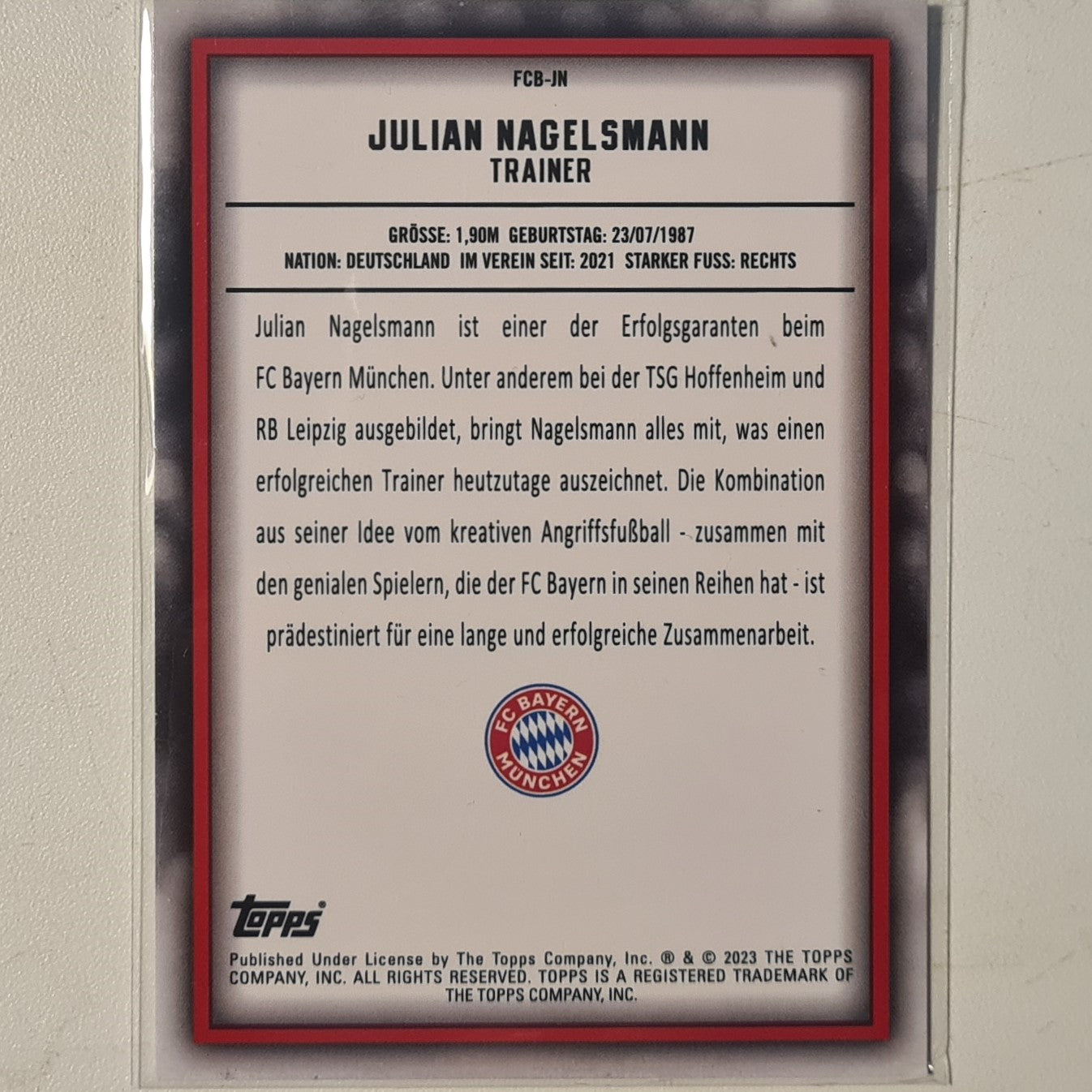 Julian Nagelsmann 2023 Topps Bundesliga ( German issue)  FCB-JN Soccer Football Bayern Munich mint Sleeved