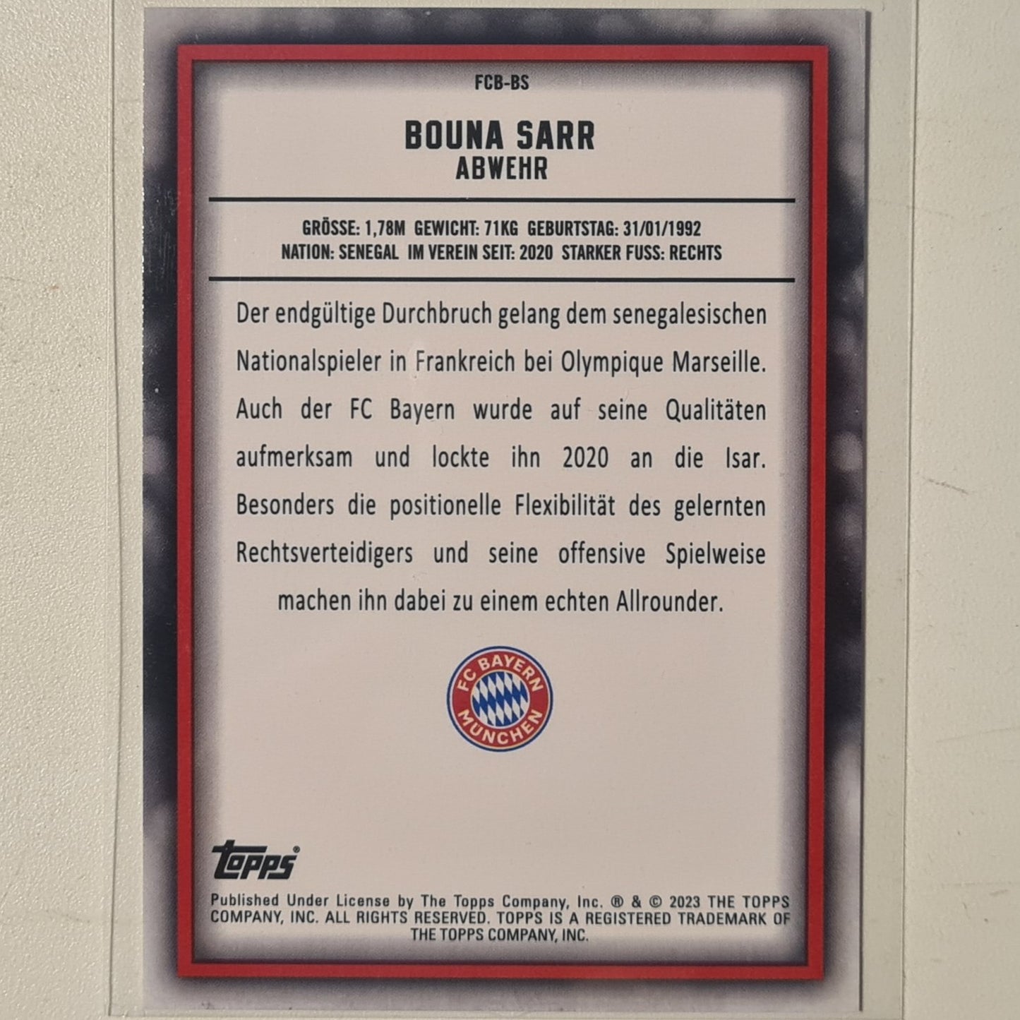 Bouna Sarr 2023 Topps Bundesliga ( German issue) FCB-BS Soccer Football Bayern Munich mint Sleeved