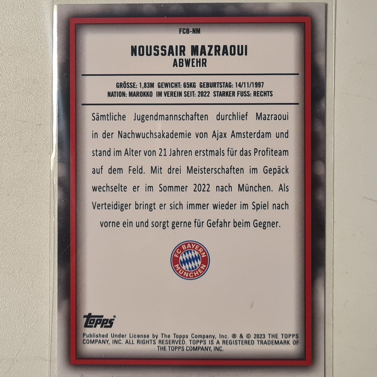 Noussair Mazraoui 2023 Topps Bundesliga ( German issue) FCB-NM Soccer Football Bayern Munich mint Sleeved