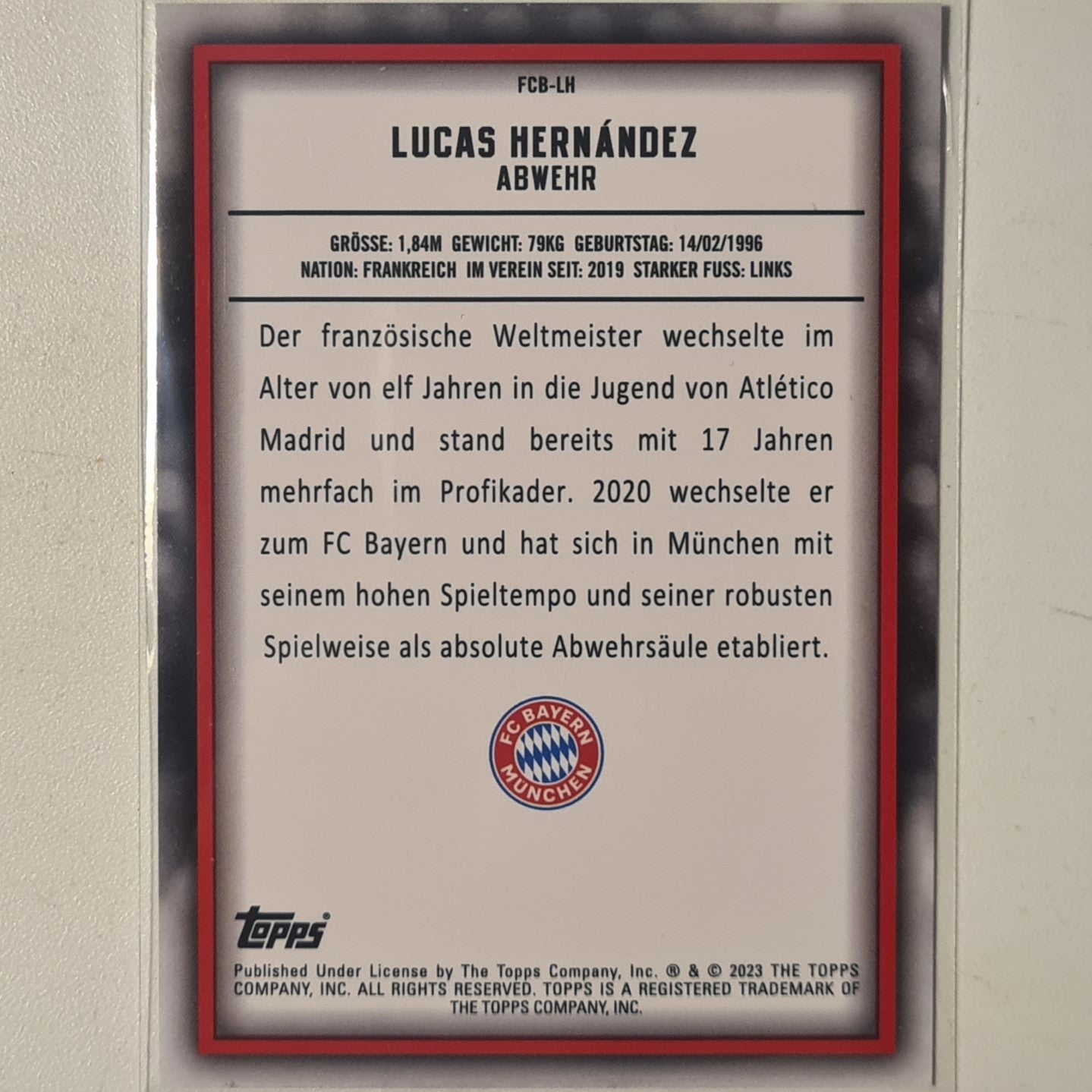 Lucas Hernandez 2023 Topps Bundesliga ( German issue) FCB-LH Soccer Football Bayern Munich mint Sleeved
