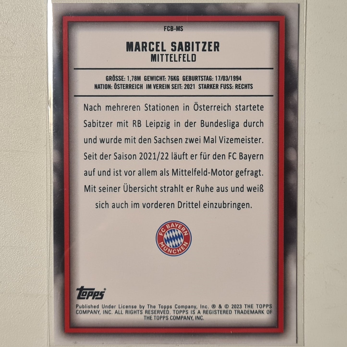 Marcel Sabitzer 2023 Topps Bundesliga ( German issue) FCB-MS Soccer Football Bayern Munich mint Sleeved