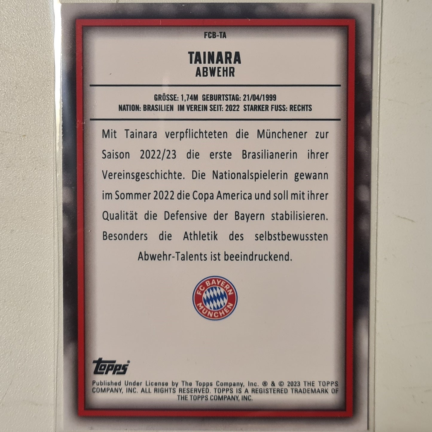 Tainara Abwehr 2023 Topps Bundesliga ( German issue) Rookie RC FCB-TA Soccer Football Bayern Munich mint Sleeved