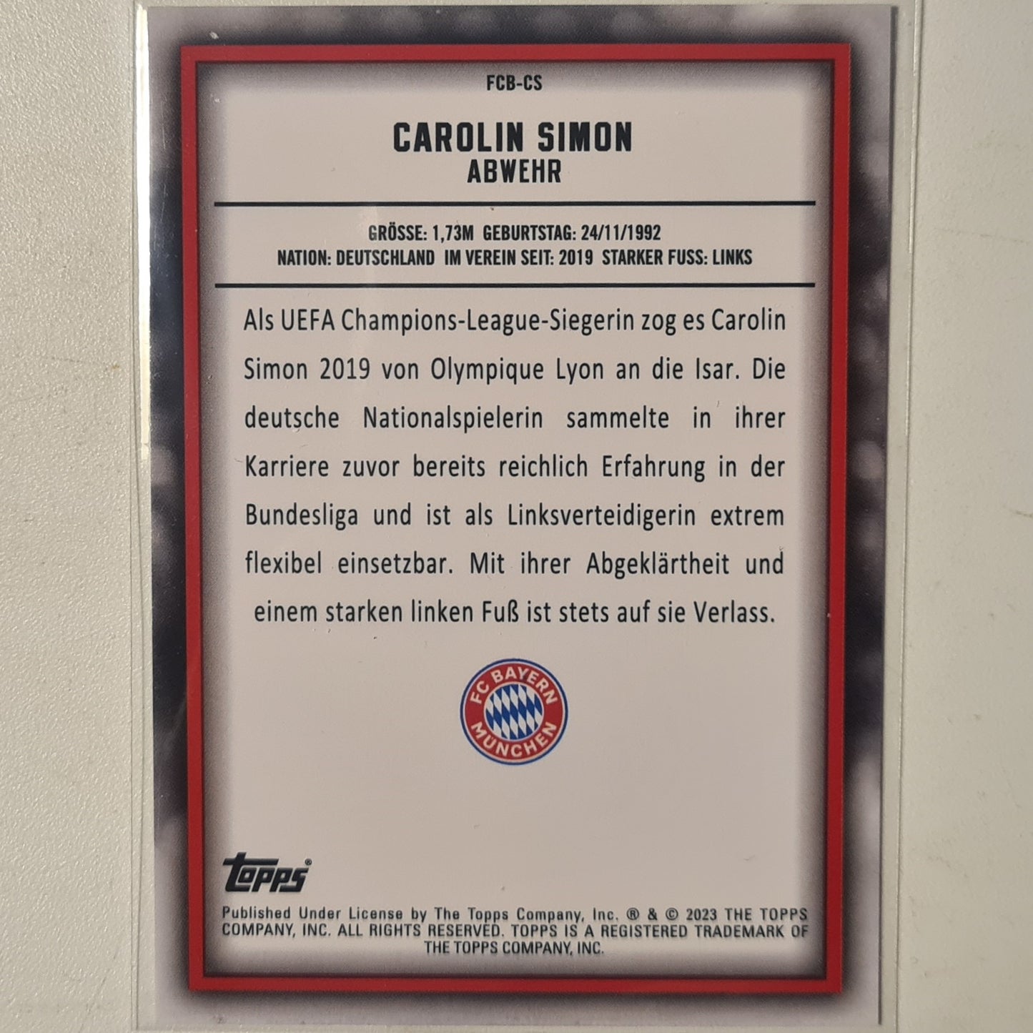 Carolin Simon 2023 Topps Bundesliga ( German issue) FCB-CS Soccer Football Bayern Munich mint Sleeved