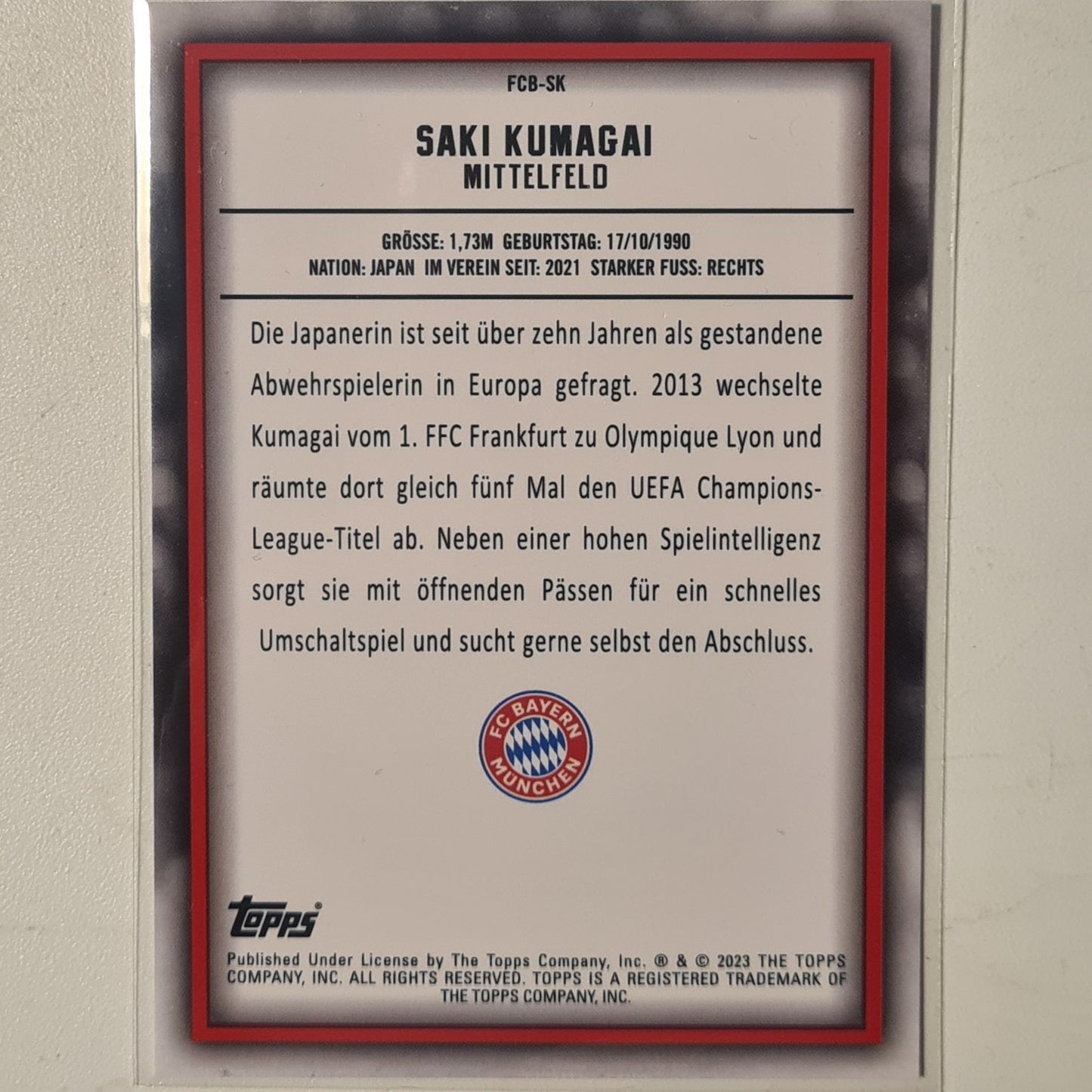 Saki Kumagai 2023 Topps Bundesliga ( German issue) FCB-SK Soccer Football Bayern Munich mint Sleeved