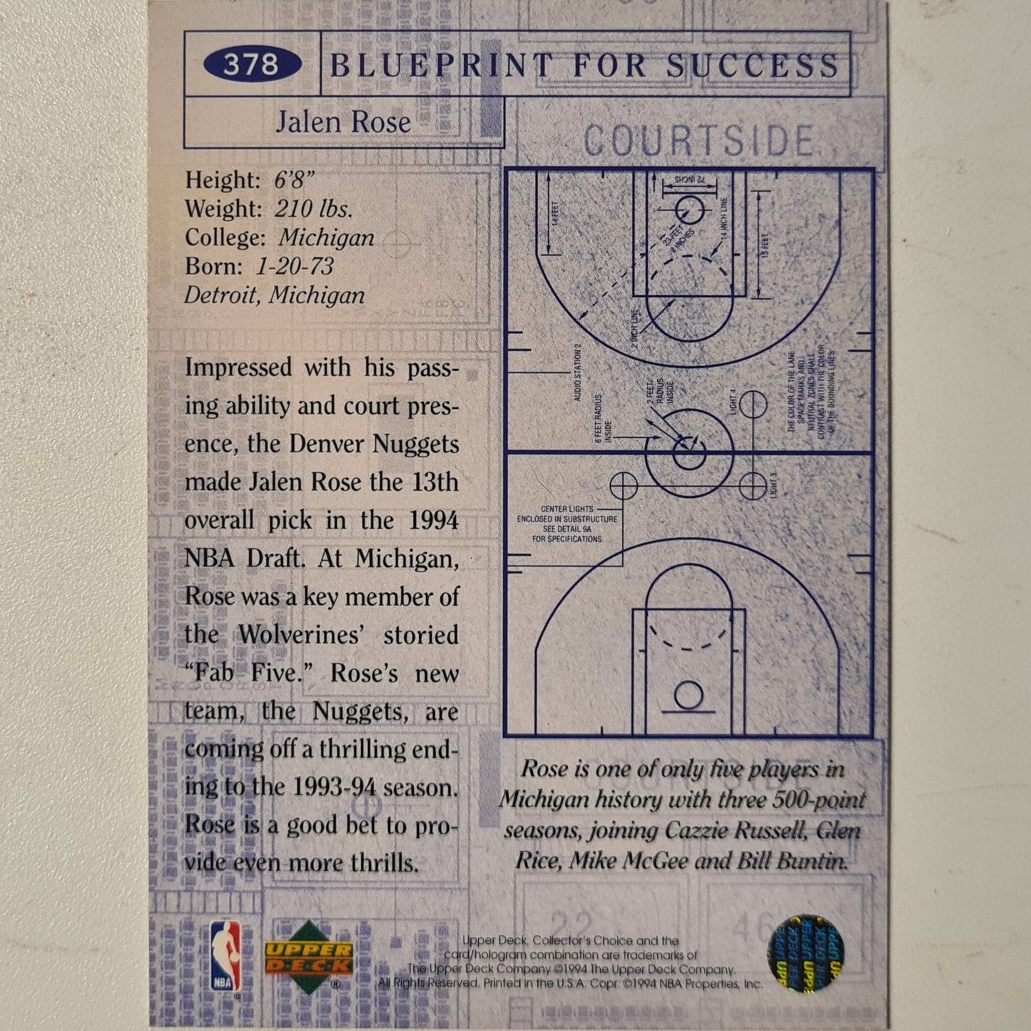 Jalen Rose 1994 upper-Deck blueprint silver facsimile auto variant  #378 NBA Basketball Denver Nuggets Excellent Sleeved