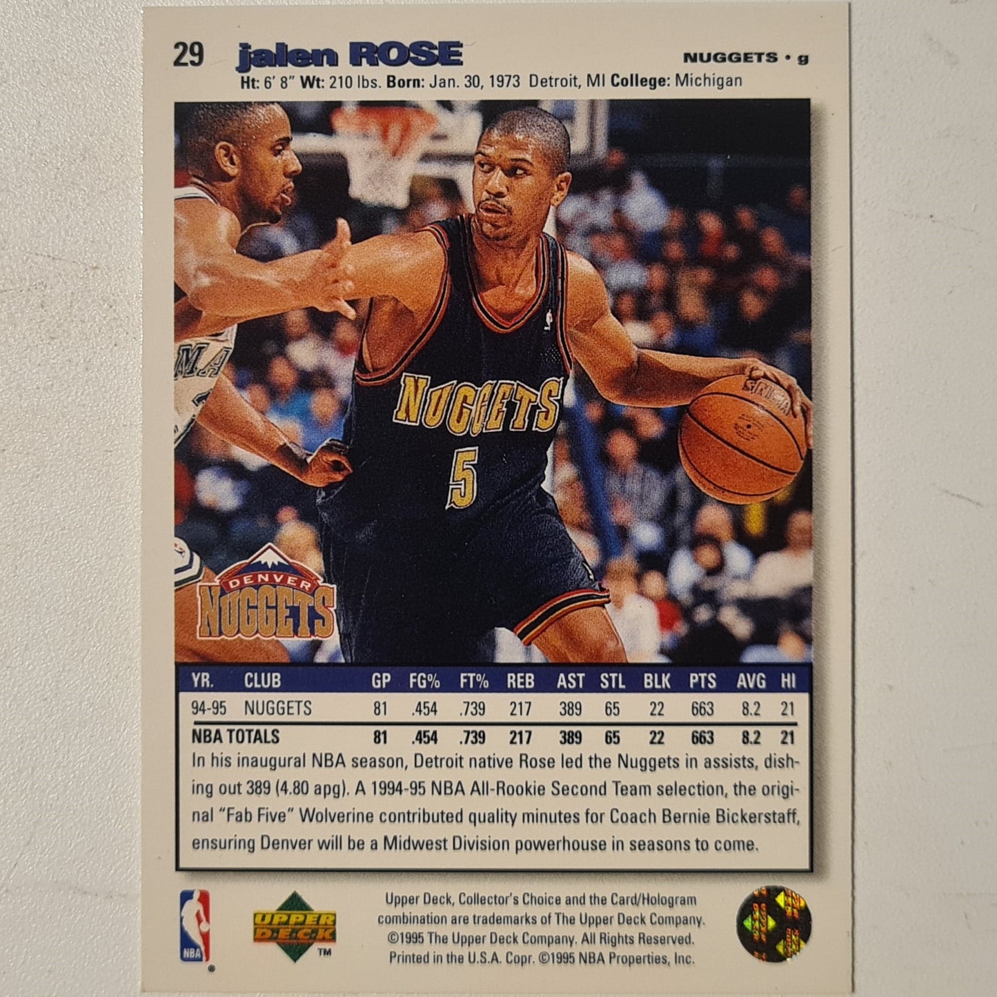 Jalen Rose 1995 Upper-Deck  #29 NBA Basketball Denver Nuggets Excellent Sleeved